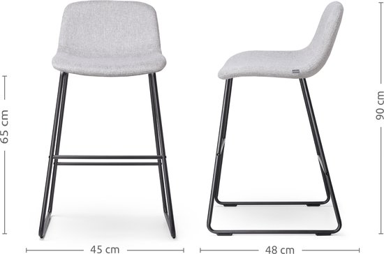 Nolon Nino-Mats Tabourets de bar Set de 2 Gris Clair - Piètement Zwart - Hauteur d'assise 65 cm - Tissu - Pour îlot de Cuisine