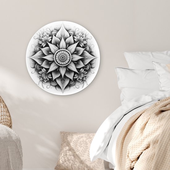 WallCircle - Cercle mural ⌀ 60 - Mandala - Zwart - Wit - Fleurs - Tableaux ronds salon - Plaque murale ronde - Cercle de Décoration murale - Décoration de chambre à l'intérieur - Cercle Décoration murale - Accessoires de maison