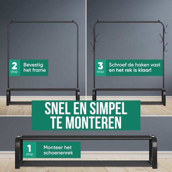 Exxen Industrieel Kledingrek - Metaal - 110x33x150 CM - Zwart - Opbergruimte Voor Schoenen - Garderoberek Met Haken