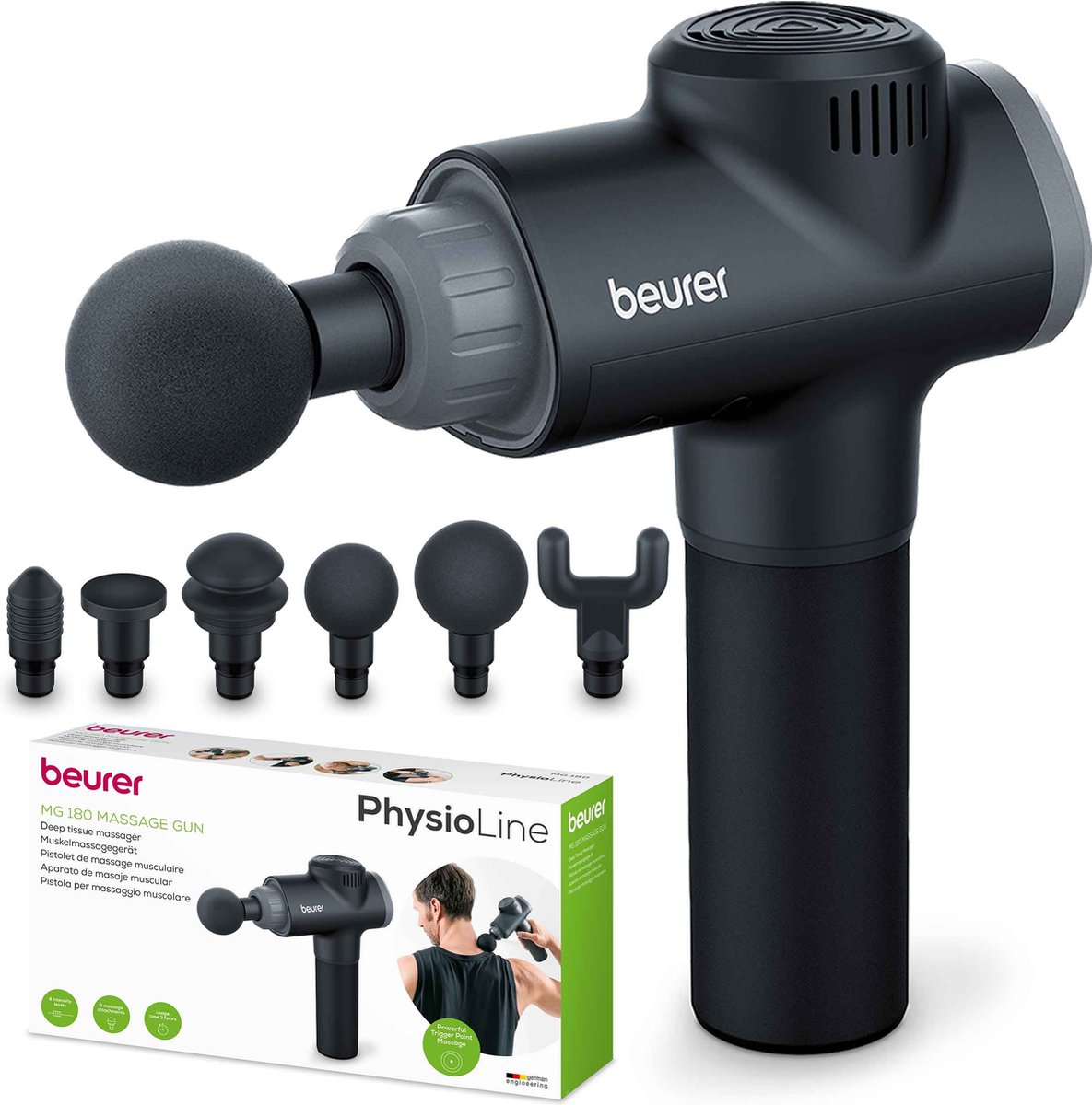Afbeelding 3 van Beurer MG 180 Massage Gun - Massageapparaat - Triggerpoints - 4 Intensiteitsniveaus - Tot 3.200 impulsen per minuut - 6 Opzetstukken - Tot 3 uur draadloos gebruik - 3 Jaar garantie