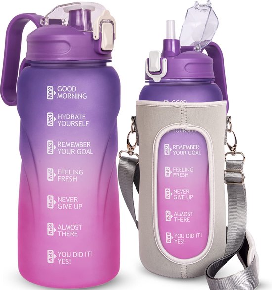 Camping waterflessen 42oz/56oz/64oz glazen waterflessen met rietje, glazen fles met siliconen hoes en tijdmarkering, lekvrije grote glazen reiswaterflessen (Color : Amber, Size : 56oz
