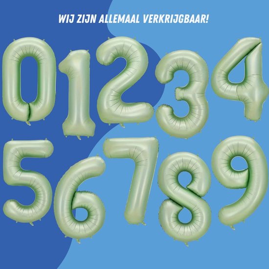 Opeenvolgende mintgroene cijfer folieballonnen van 0 tot 9, XL formaat.