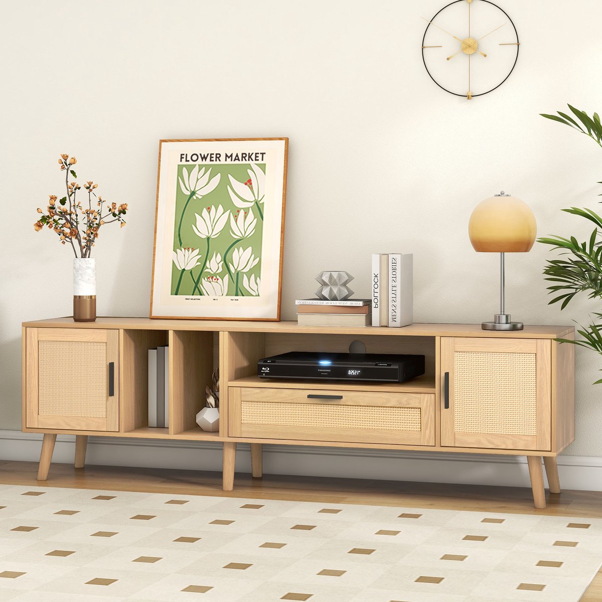 Sweiko TV kast - Rotan decoratie - Met lade - Massief houten poten - Natuurlijke Eiken