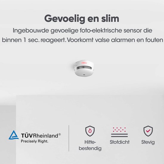 Gevoelige en slimme witte rookmelder met foto-elektrische sensor. TÜV Rheinland gecertificeerd, hittebestendig, stof- en stevig.