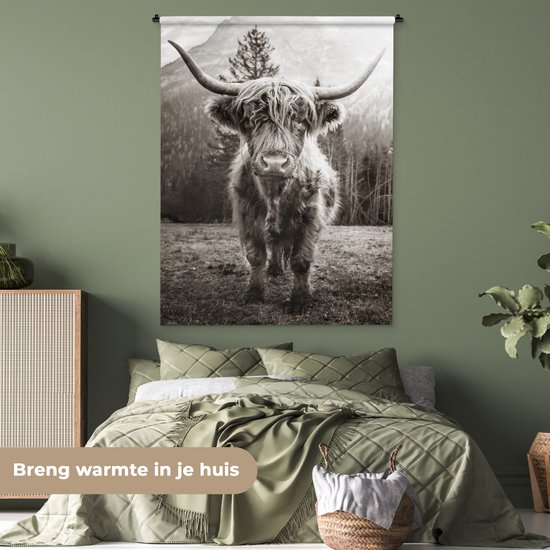 Tenture murale - Tissu mural - Highlander écossais - Zwart - Wit - Animaux - 120x160 cm - Tapisserie murale