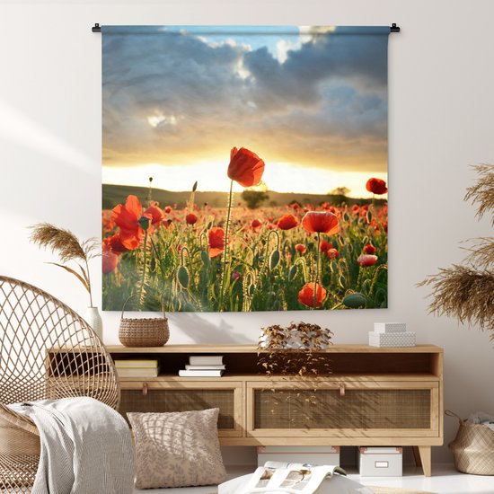 Tenture murale - Tissu mural - Ciel coloré au-dessus de nombreux coquelicots - 150x150 cm - Tapisserie murale