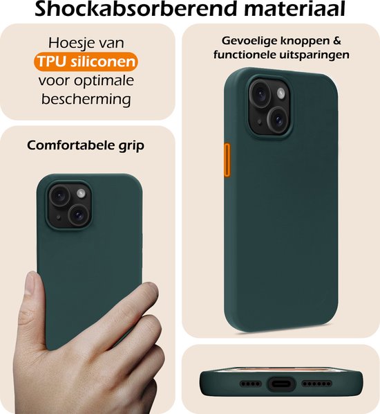 Coque pour iPhone 15 Plus Coque en Siliconen avec 2 films de protection d'écran – Coque pour iPhone 15 Plus Cover Back Case – Vert foncé
