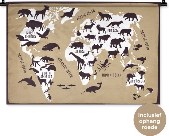 Wandkleed WereldkaartenKerst illustraties - Witte wereldkaart met bruine achtergrond en illustraties van silhouetten van dieren Wandkleed katoen 90x60 cm - Wandtapijt met foto