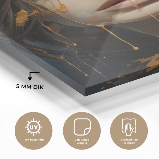 MuchoWow® Peinture sur verre 80x120 cm - Peinture sur verre - Femme - Portrait - Abstrait - Art - Or - Photo sur verre acrylique - Décoration murale murale salon - Décoration murale chambre - Peintures