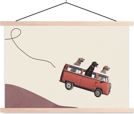 Posterhanger incl. Poster - Schoolplaat - Hond - Retro - Bus - 150x100 cm - Blanke latten