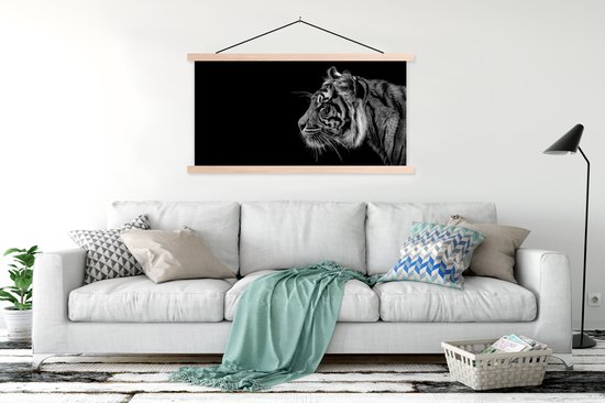 Tigre sur fond noir en noir et blanc affiche textielposter lattes vierges 120x60 cm - Tirage photo sur plaque école (décoration murale salon / chambre)
