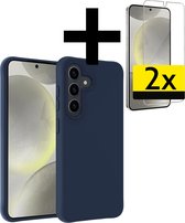 Hoesje Geschikt voor Samsung S24 Hoesje Siliconen Case Met 2x Screenprotector - Hoes Geschikt voor Samsung Galaxy S24 Hoes Siliconen - Donkerblauw
