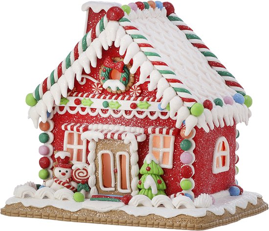 Viv! Christmas Kerstbeeld - Snoep Gingerbread Huis met Sneeuwpop incl. LED Verlichting - rood wit - 23cm