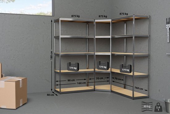 Een hoekmagazijnstelling van metaal met houten planken in een grijze ruimte. Afmetingen en gewichtslimieten zijn zichtbaar.
