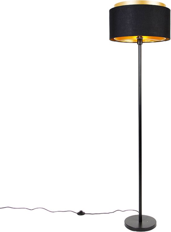 QAZQA shade-duo - Moderne Vloerlamp | Staande Lamp met kap - 1 lichts - H 166 cm - Zwart Goud - Woonkamer | Slaapkamer | Keuken