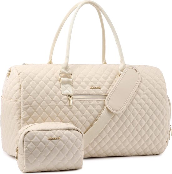 Foto: Reistas voor dames 2 delige set beige grote weekendtas handbagagetas sporttas 54 x 20 x 33 cm handtas met schouderband schoudertas met toilettas gouden details schoenenvak waterbestendig 2 stuks creme