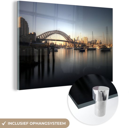 MuchoWow® Glasschilderij 120x80 cm - Schilderij acrylglas - Boten voor de Sydney Harbour Bridge in Australië - Foto op glas - Schilderijen