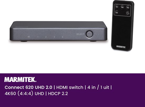 Marmitek Connect 620 UHD 2.0 HDMI Switch / HDMI schakelaar - 4K 60Hz - 4 in 1 uit