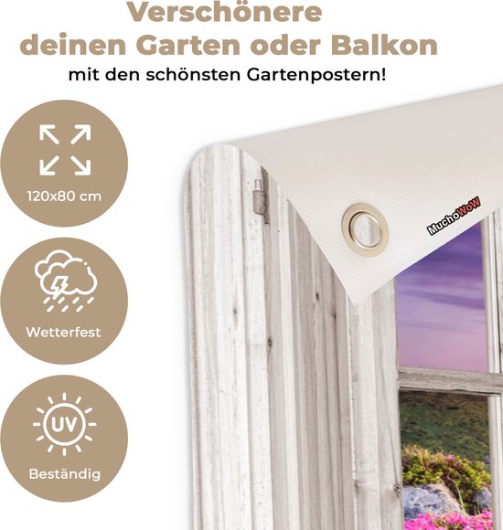 Affiche de jardin - Transparente - Fleurs - Montagnes - Coucher de soleil - Paysage - 120x80 cm - Décoration de clôture - Affiche de jardin transparente