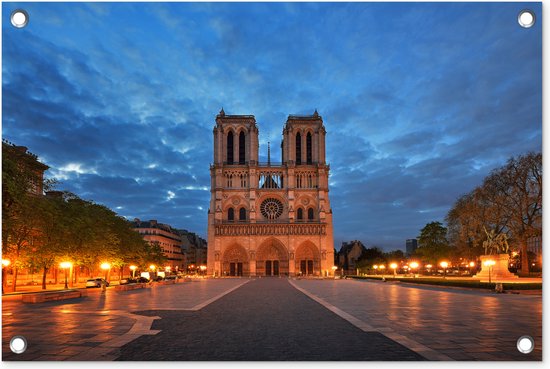 Tuindecoratie Parijs - Notre Dame - Wolken - 60x40 cm - Tuinposter - Tuindoek - Buitenposter