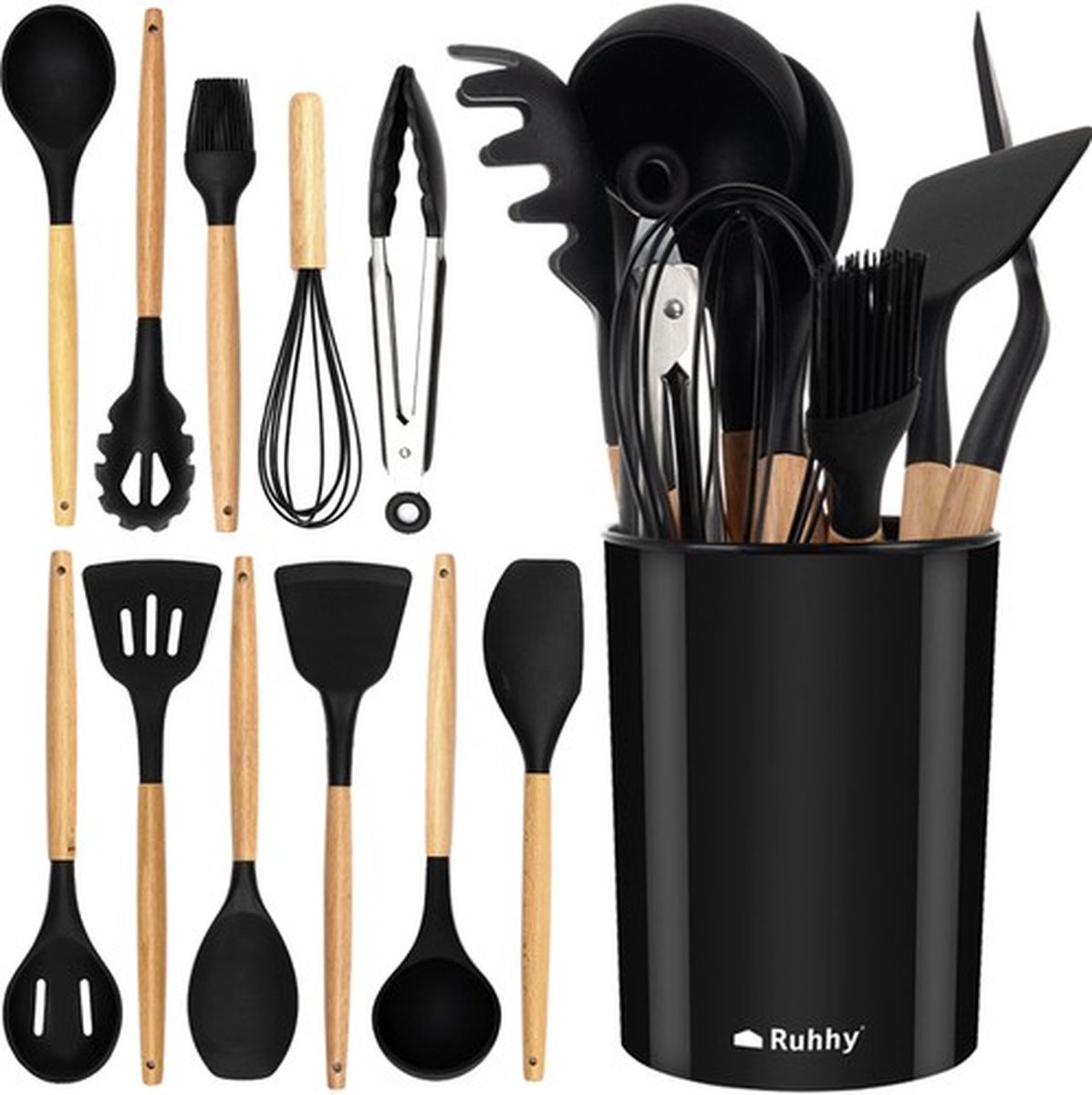Playos® - Keukengerei Set - met Houder - 12 Delig - Zwart - Kunststof - Kookgerei - Spatel - Soeplepel - Pollepel - Sauslepel - Tang - Garde - Schuimspaan - Pastalepel - Krasvrij - Keuken Accessoires - Uitzet Cadeau