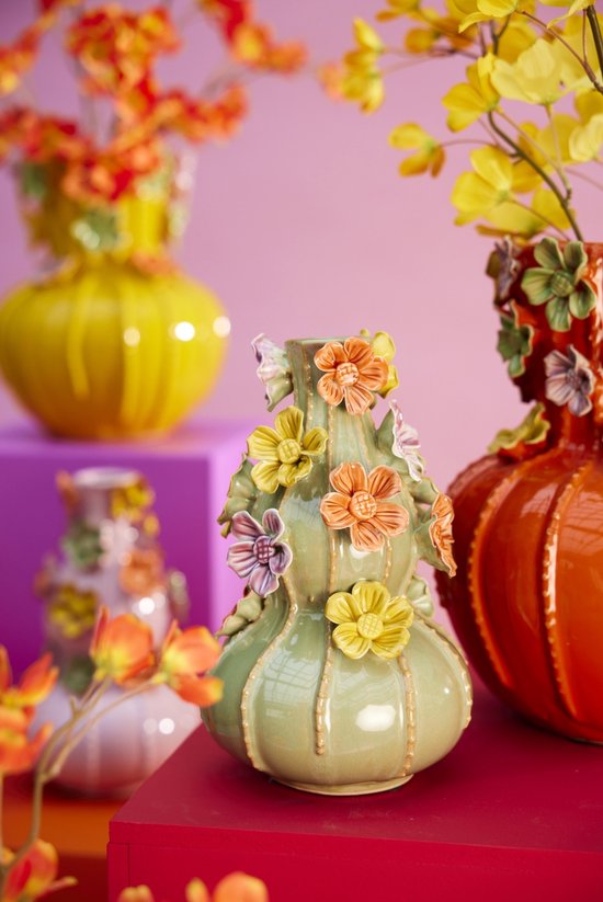 Vase en faïence jaune super vintage à 3 boules avec fleurs colorées en faïence 14 x 22 CM Petit