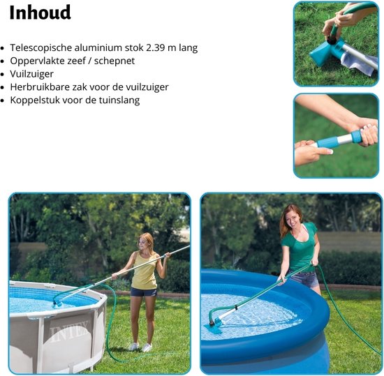 Intex zwembad schoonmaakset met telescopische aluminium stok 2.39m, skimmer en opzetstuk voor tuinslang.