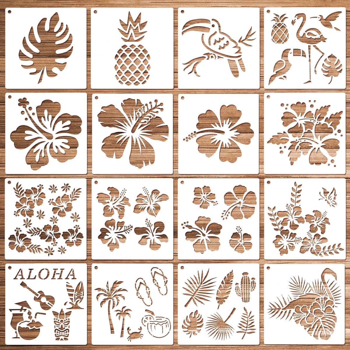 HOWAF 16 stuks Hawaï-themasjablonen om te schilderen, hibiscus, bloemen, ananas, tropische bladeren, ananasjablonen, schilderen, kunststof, stencilsjablonen voor scrapbooking, handwerk, doe-het-zelf