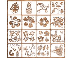 HOWAF 16 stuks Hawaï-themasjablonen om te schilderen, hibiscus, bloemen, ananas, tropische bladeren, ananasjablonen, schilderen, kunststof, stencilsjablonen voor scrapbooking, handwerk, doe-het-zelf