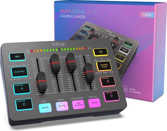 Fifine AMPLIGAME SC3 Gaming Mixer met doos, gedetailleerde knoppen en faders.