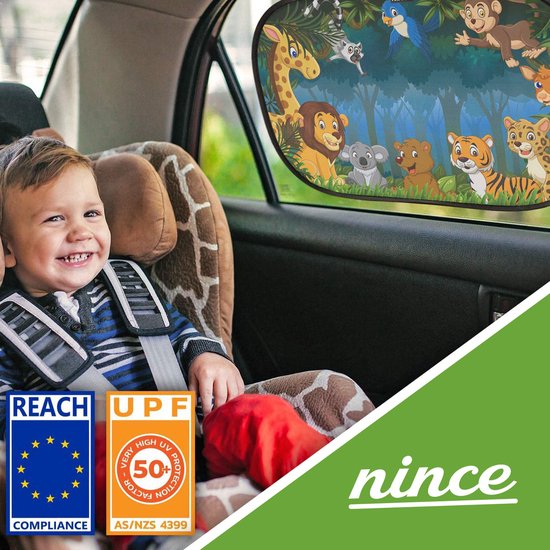 Nince Zonnescherm Auto Zijruit - Set van 2 - 51x31 cm - Extra Donker Zonnescherm Auto Baby - Met UV Protectie voor Kind & Baby - Zelfklevende Zonwering Auto - Jungle– Autoaccessoires — afbeelding 4