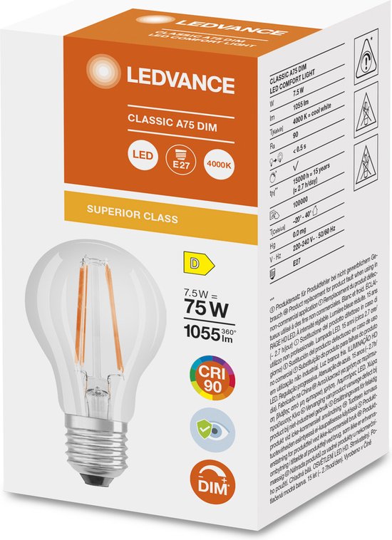 Ledvance Superior Classic LED E27 Peer Filament Helder 7.5W 1055lm - 940 Koel Wit | Dimbaar - Beste Kleurweergave