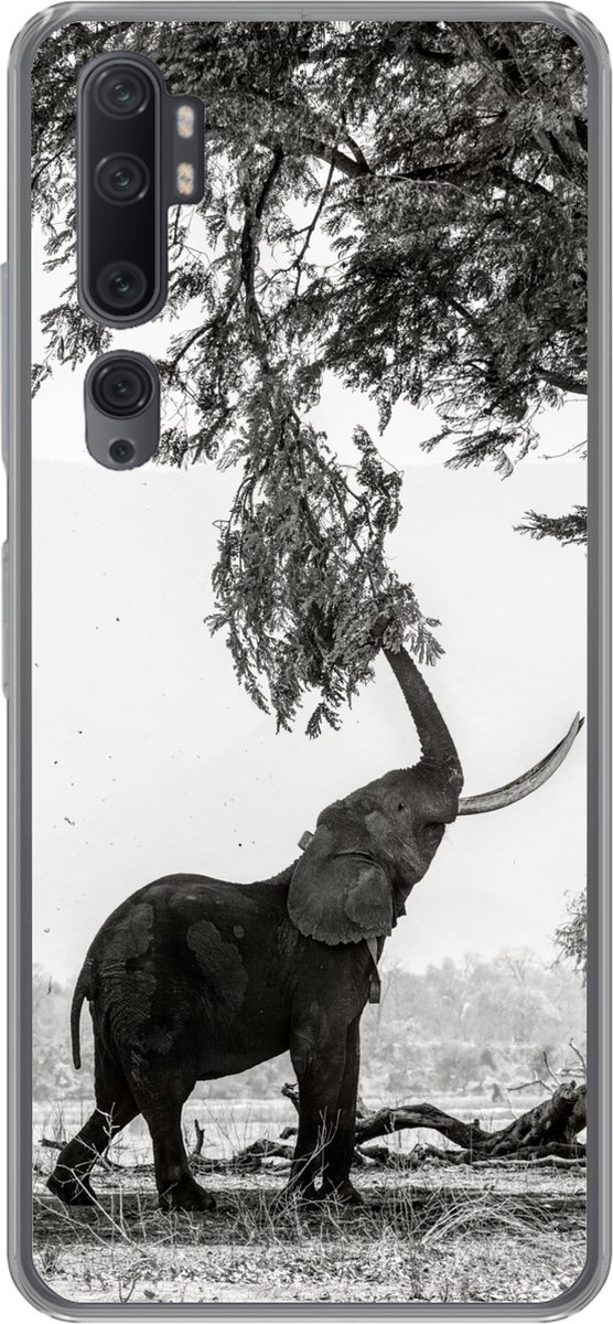 Telefoonhoesje Geschikt voor Xiaomi Mi Note 10 Pro hoesje - Olifant - Boom - Dieren - Zwart wit - Siliconen Telefoonhoesje Telefoonhoesje