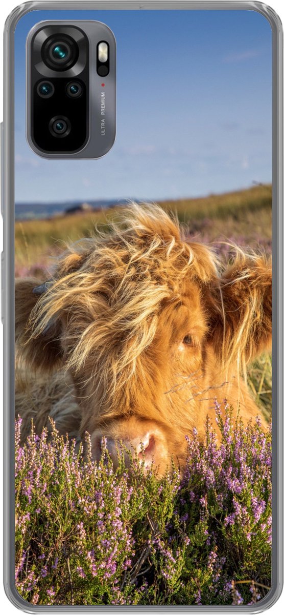 Telefoonhoesje Geschikt voor Xiaomi Geschikt voor Redmi Note 10S hoesje - Schotse Hooglander - Heide - Gras - Dieren - Siliconen Telefoonhoesje Telefoonhoesje
