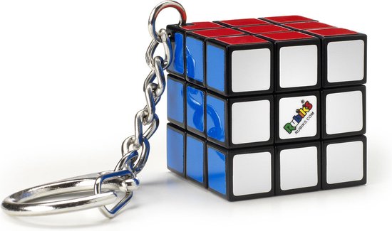 Rubik's Cube sleutelhanger met rood, blauw en wit op de zichtbare vlakken.