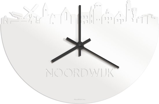 Skyline Klok Noordwijk Wit Glanzend - Ø 40 cm - Stil uurwerk - Wanddecoratie - Meer steden beschikbaar - Woonkamer idee - Woondecoratie - City Art - Steden kunst - Cadeau voor hem - Cadeau voor haar - Jubileum - Trouwerij - Housewarming -