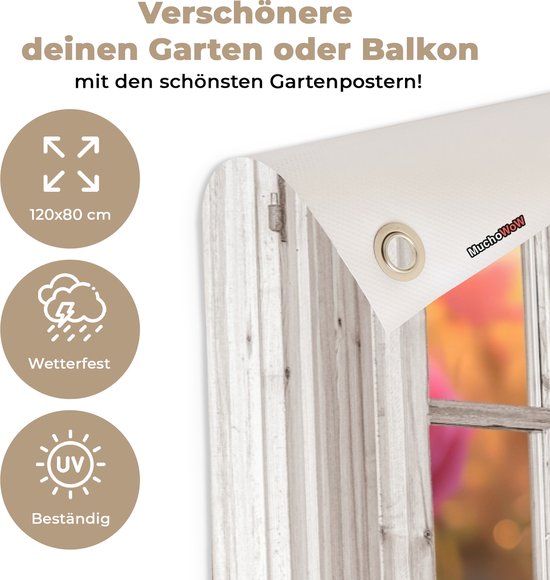 Tuinposter doorkijk bloemen - Wit raam - Tuindecoratie roze rozen - 120x80 cm - Poster voor in de tuin - Buiten decoratie - Schutting tuinschilderij - Tuindoek muurdecoratie - Wanddecoratie balkondoek