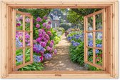 Tuinposter doorkijk bloemen - Lichtbruin raam - Tuindecoratie hortensia - 180x120 cm - Tuinschilderij voor buiten paars - Tuindoek - Wanddecoratie tuin - Schuttingdoek - Balkon decoratie - Muurdecoratie - Buitencanvas tuinversiering