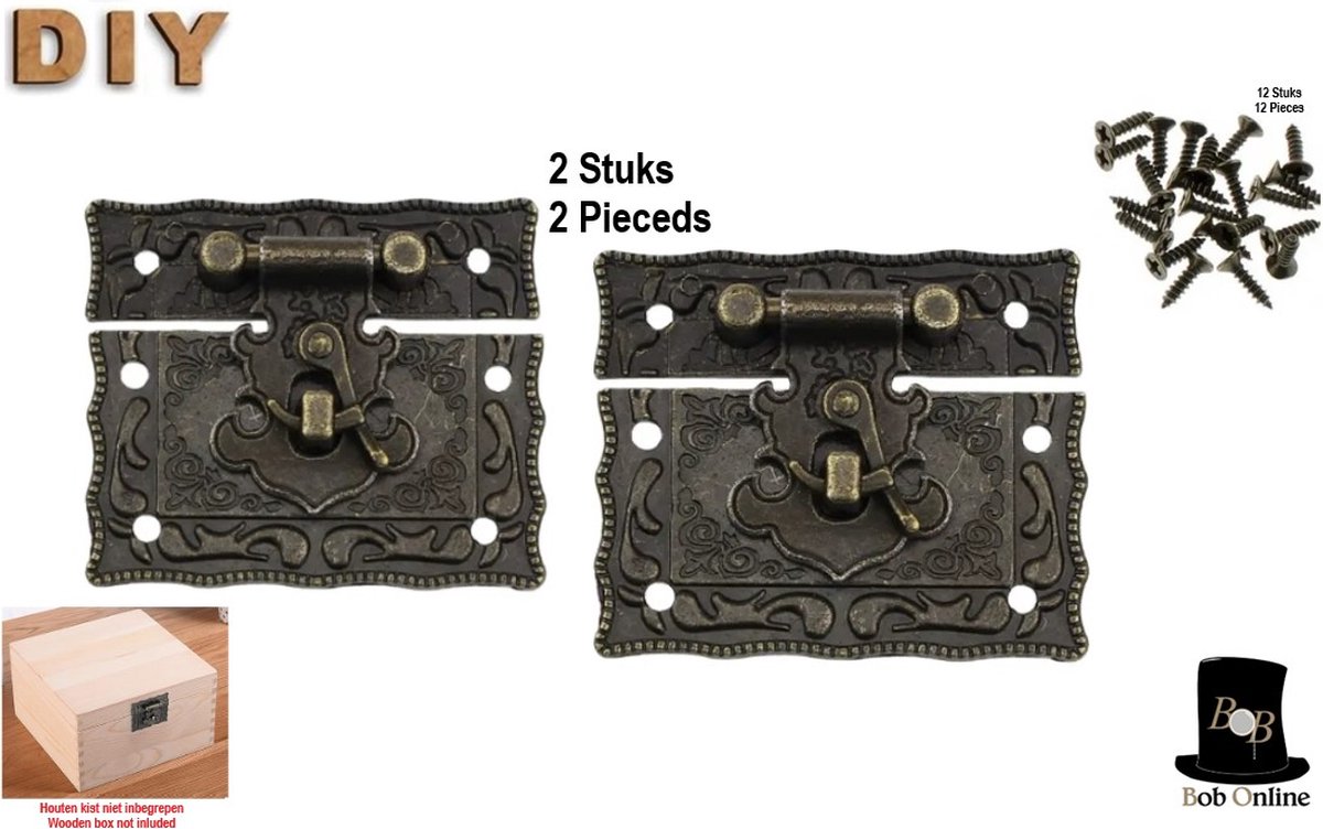 Bob Online™ - 2 Stuks – Brons Kleurig - Gegraveerde Antieke Hasp Meubelsluiting – Inclusief 12 Bijpassende Schroeven - Engraved Antique Right Hook Latch – Bronze Color – Including 12 Matching Screws – Wijnkistgesp – Meubelbeslagaccessoires