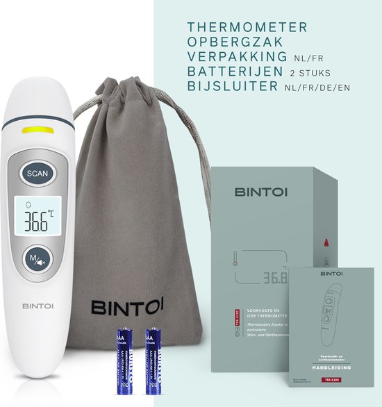 Witte thermometer, grijs tasje, 2 AAA batterijen, grijze verpakking en handleiding.