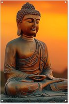 Tuinposter Boeddha - Tuindecoratie Buddha zonsondergang - 80x120 cm - Wanddecoratie voor buiten - Schutting decoratie - Buitenposter Boedha beeld - Schuttingdoek - Tuindoeken - Tuin doek - Balkon poster