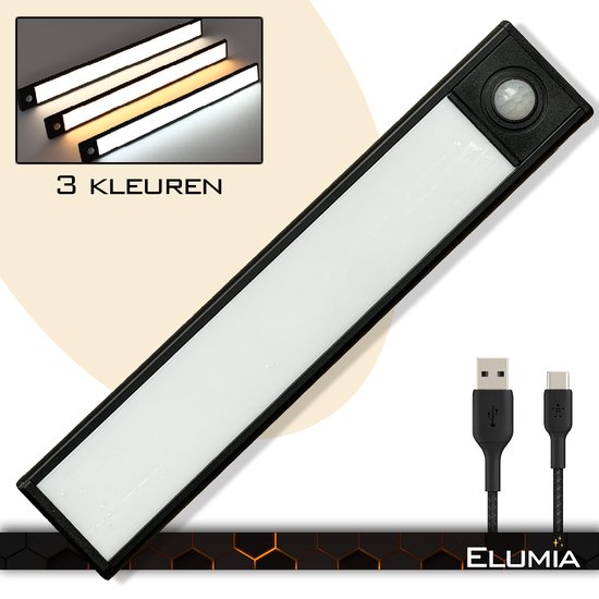 Lampe LED Elumia® 20cm avec détecteur de mouvement - 3 couleurs (blanc chaud, blanc et blanc froid) - USB C - Siècle des Lumières Led avec 34 LED - Aluminium - Magnétique - Batterie rechargeable par USB - Confirmation facile