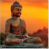 Tuinposter Boeddha - Tuindecoratie Buddha zonsondergang - 100x100 cm - Wanddecoratie voor buiten - Schutting decoratie - Buitenposter Boedha beeld - Schuttingdoek - Tuindoeken - Tuin doek - Balkon poster