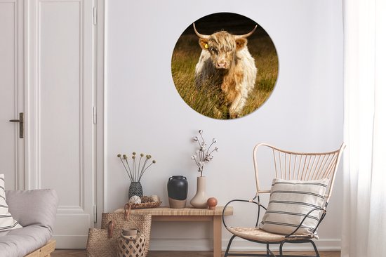 WallCircle - Muurstickers - Behangcirkel - Schotse Hooglander - Licht - Gras - Dieren - 100x100 cm - Muurcirkel - Zelfklevend - Ronde Behangsticker XXL