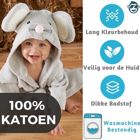 BoefieBoef Muis Kinder Badjas Baby & Peuter 0-2 Jaar (Max 85 cm) – Zacht Katoen Badstof met Dieren Capuchon – Absorberende Ochtendjas Handdoek voor Jongens & Meisjes – Zwemles, Carnaval, Verjaardag & Kraamcadeau – Perfect na Bad & Zwemmen - Grijs — afbeelding 2