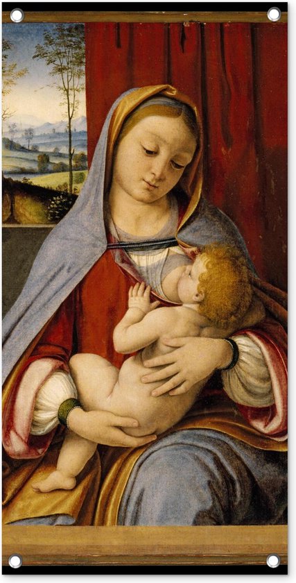 Tuinposter Madonna and child - Leonardo da Vinci - 40x80 cm - Wanddecoratie Buiten - Tuinposter - Tuindoek - Schuttingposter - Tuinschilderij