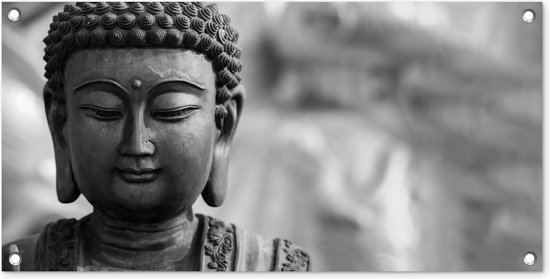 Tuinposter Boeddha - Grijs - Spiritualiteit - Buddha beeld - Religie - 80x40 cm - Wanddecoratie Buiten - Tuinposter - Tuindoek - Schuttingposter - Tuinschilderij