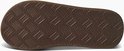 Onderkant van een bruine Reef slipper met een visgraatpatroon en Reef-logo's.