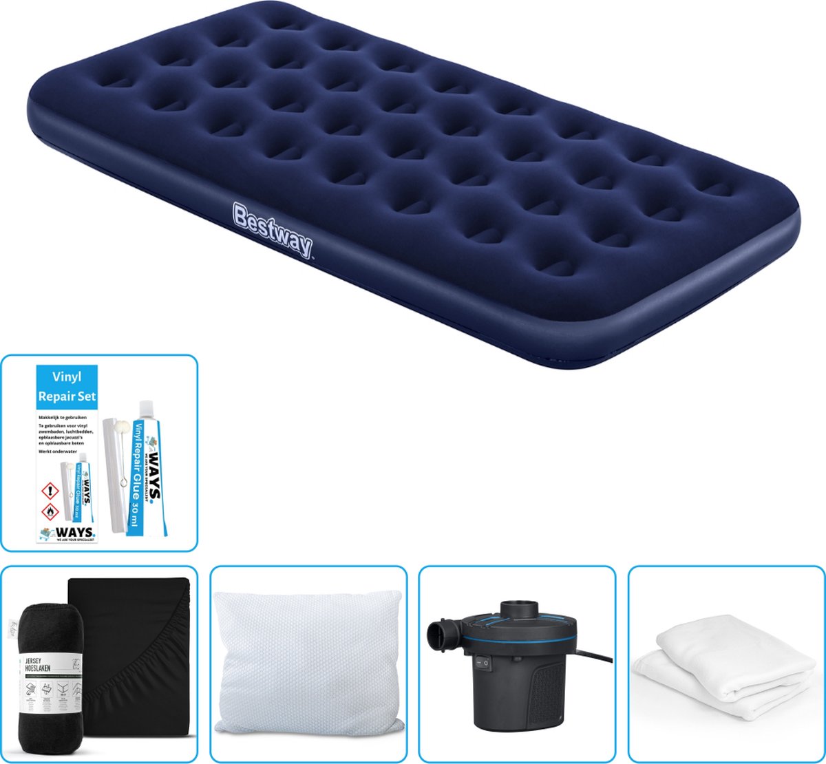 Bestway luchtbed - 1-Persoons - 99 x 188 x 22 cm - Blauw - Inclusief Hoeslaken - Kussen - Kussenbeschermer - Pomp en Reparatieset