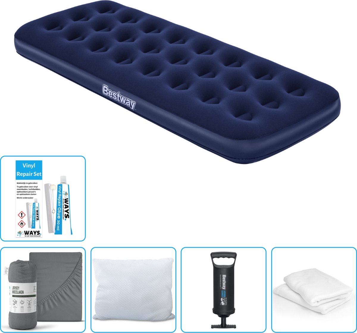 Bestway luchtbed - 1-Persoons - 76 x 185 x 22 cm - Blauw - Inclusief Hoeslaken - Kussen - Kussenbeschermer - Pomp en Reparatieset